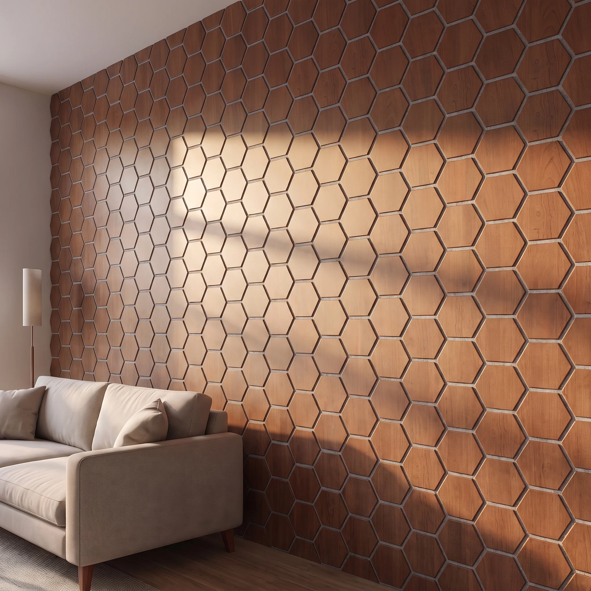 Panneau Mural Hexagonal | Chêne Fumé avec Feutrine Grise 81 cm | Acoustique - Image 3