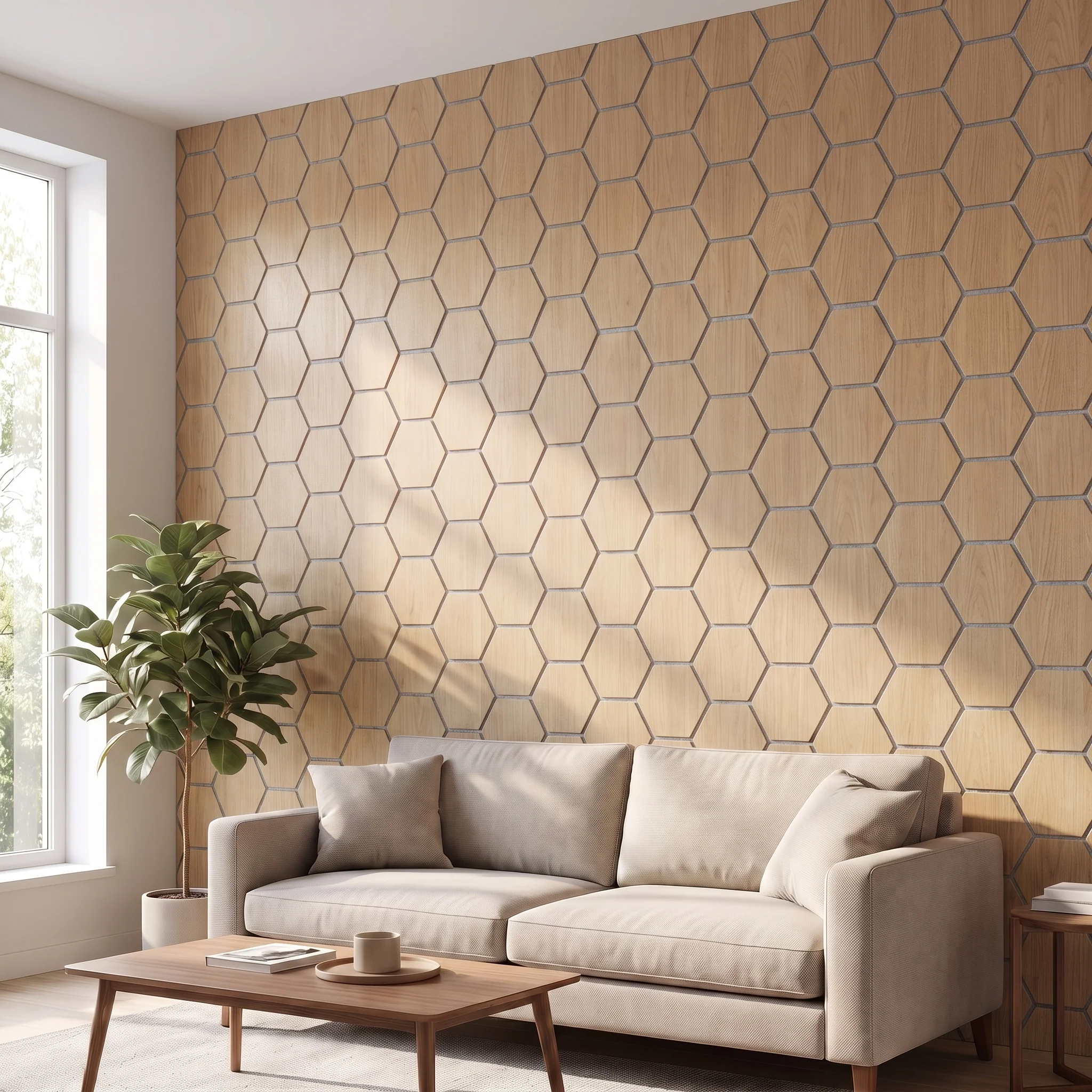 Panneau Mural Hexagonal | Chêne Naturel avec Feutre Gris 81 cm | Acoustique - Image 5