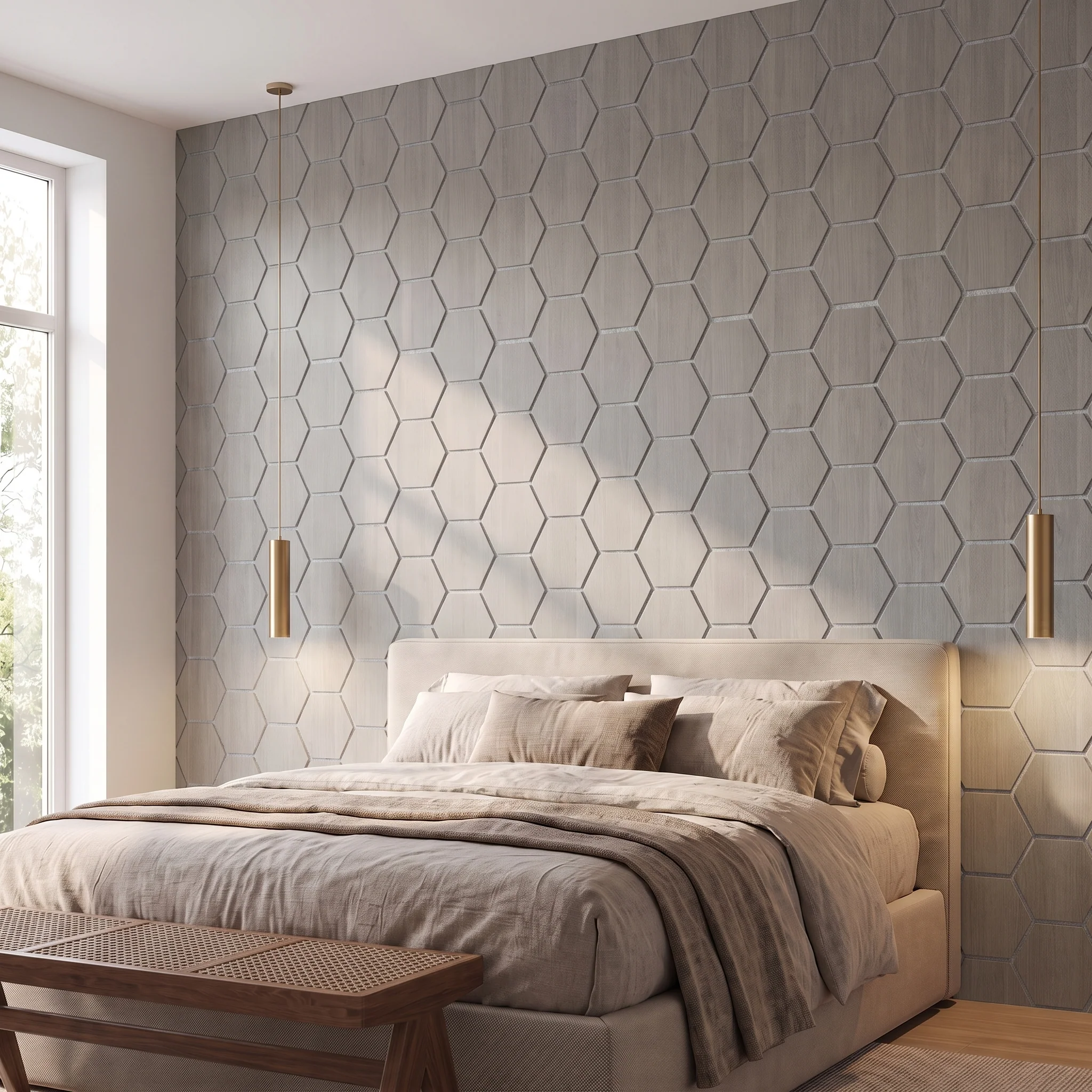 Panneau Mural Hexagonal | Noyer Gris avec Feutrine Grise 81 cm | Acoustique